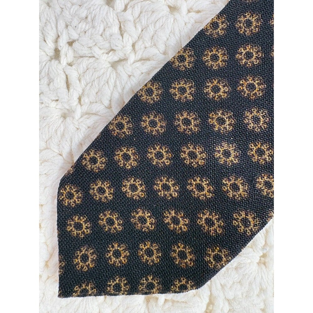 Vintage Men's Wool Challis Skinny Tie Geometric Brown Tan Short 2.5" x 54" EUC